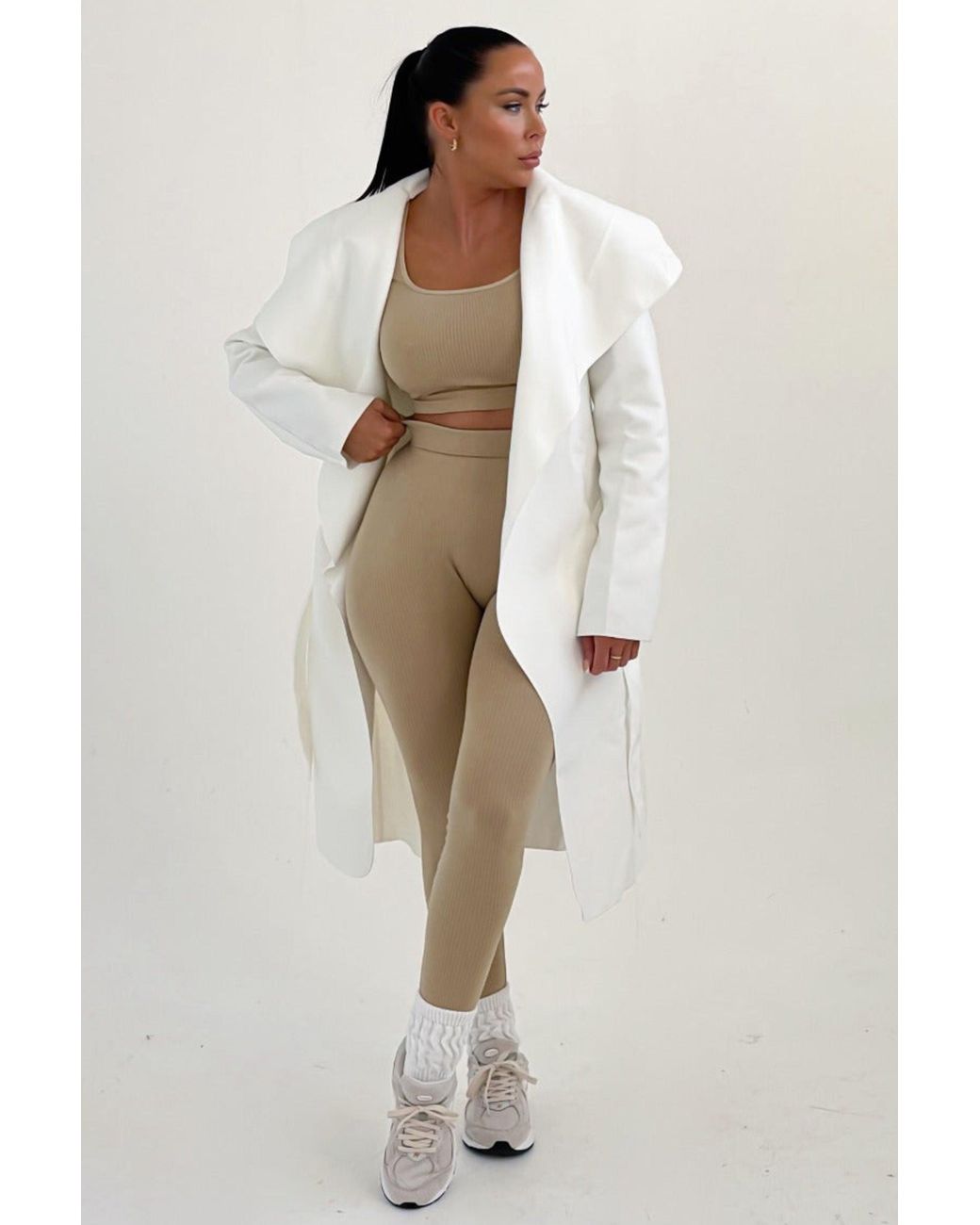 Femme Luxe Natural Waterfall Duster Belted Long Coat