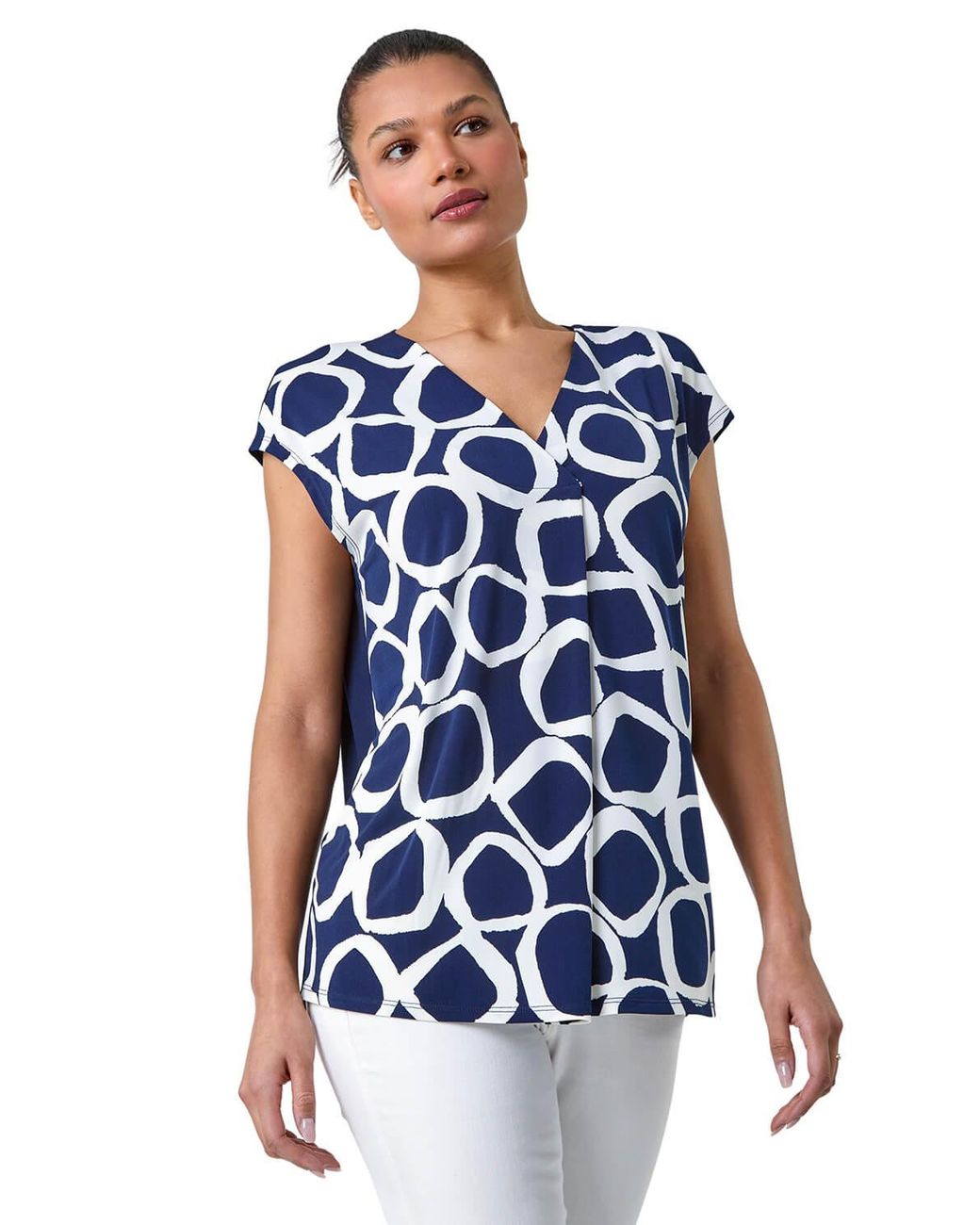 Roman Blue Circle Ring Print V-Neck Stretch Top