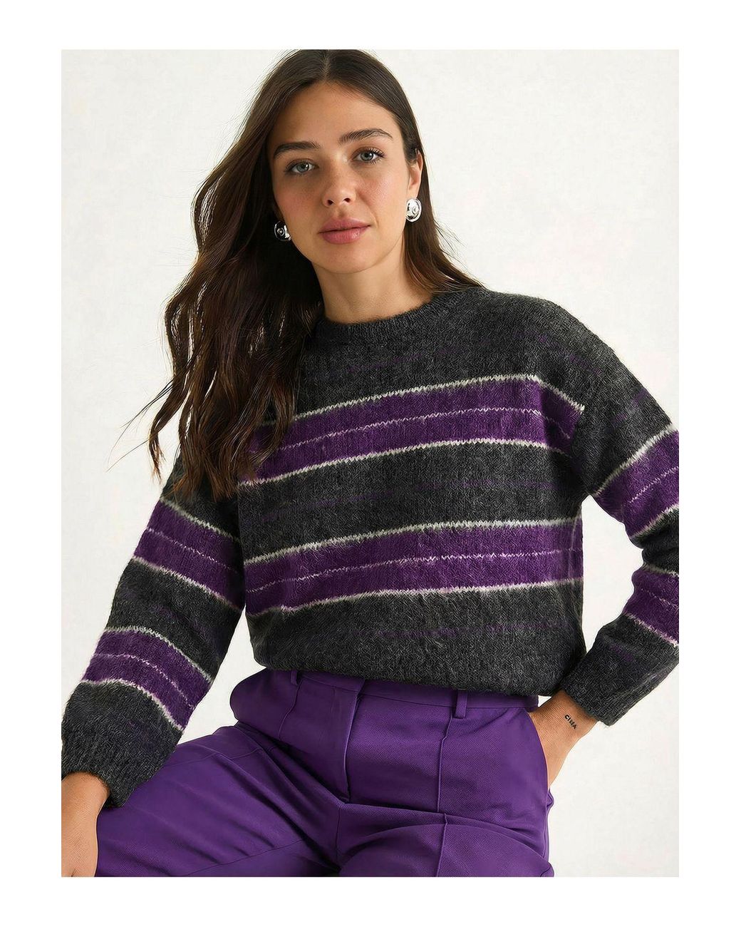 Bianco Lucci Purple Striped Knit Crew Neck Sweater