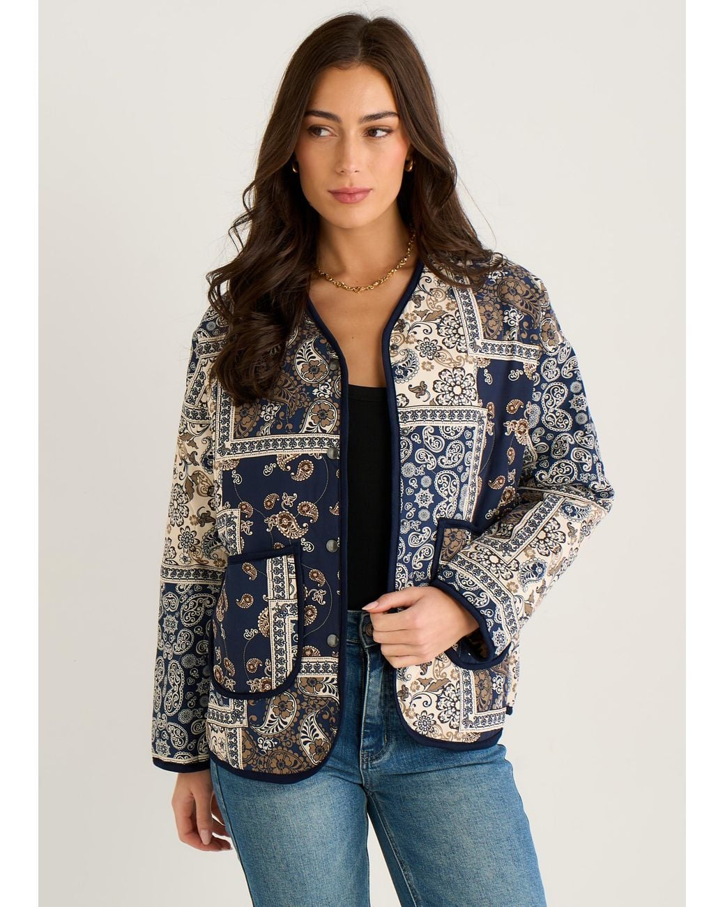 Gini London Blue Paisley Tile Print Lightweight Quilted Jacket