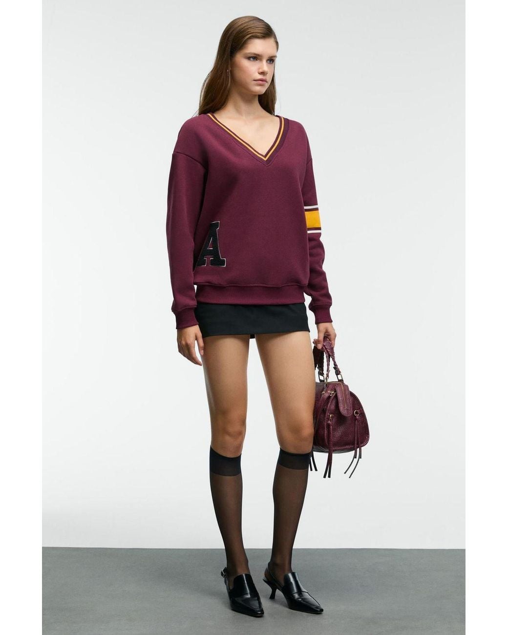 Grimelange Purple V-Neck Color Block Sweatshirt
