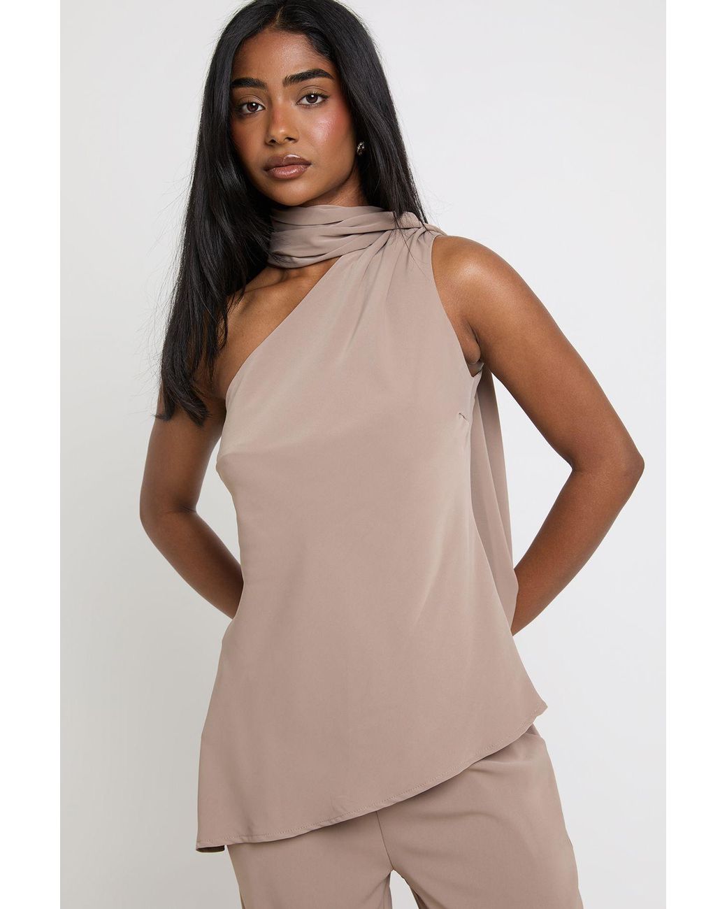 Boohoo Natural Wrap Scarf Detail Top And Wide Leg Trouser Co-Ord