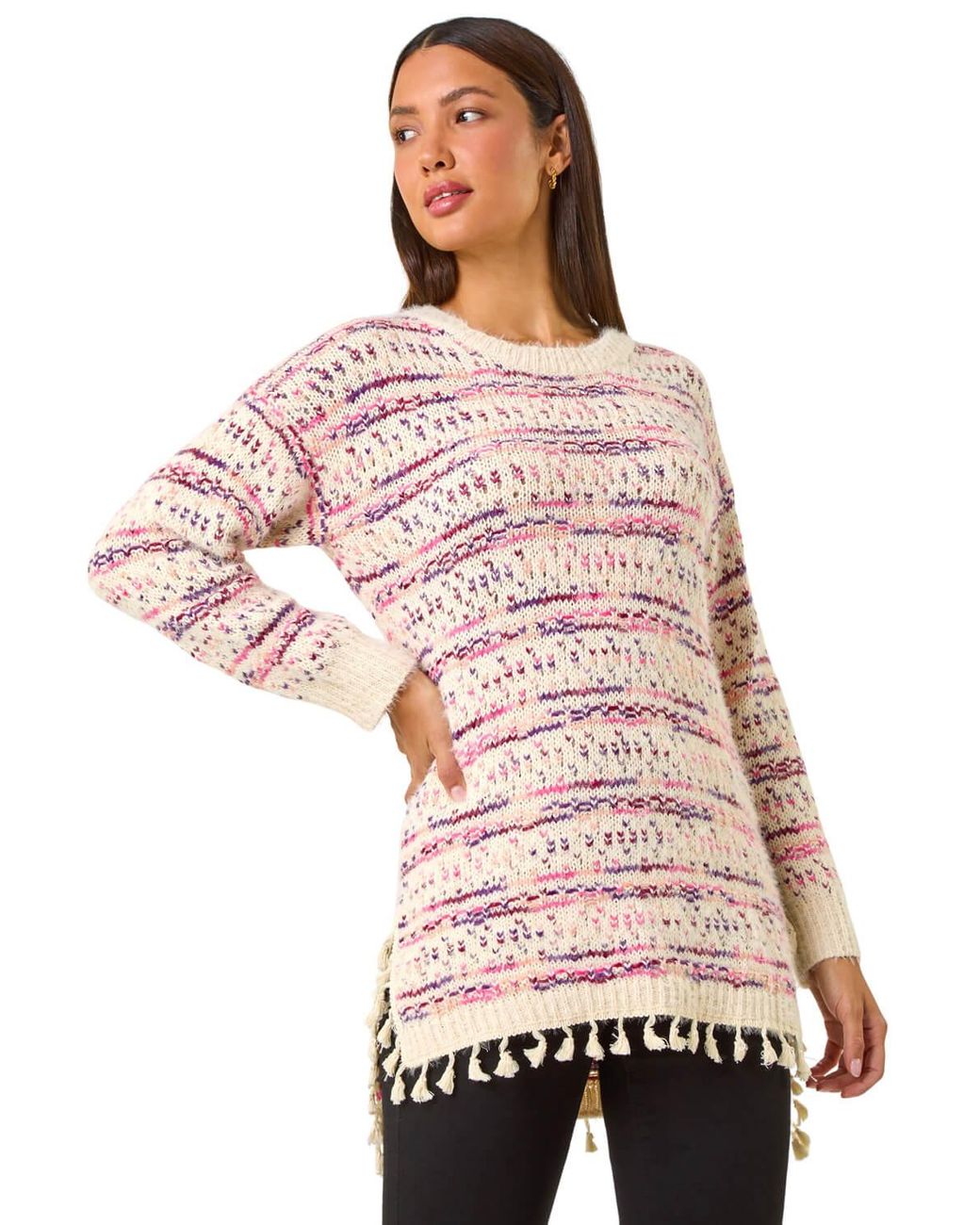 Roman Red Boucle Fringe Hem Tunic Jumper