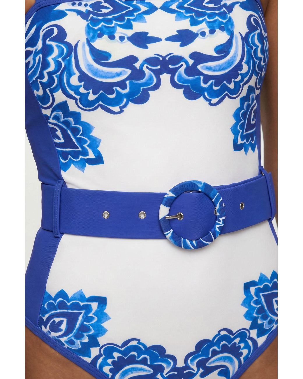 Karen Millen Blue Paisley Print Belted Bandeau Swimsuit