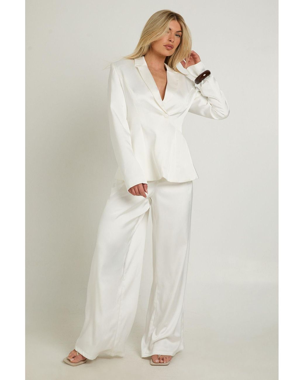 Boohoo White Satin Pleat Front Wide Leg Trousers