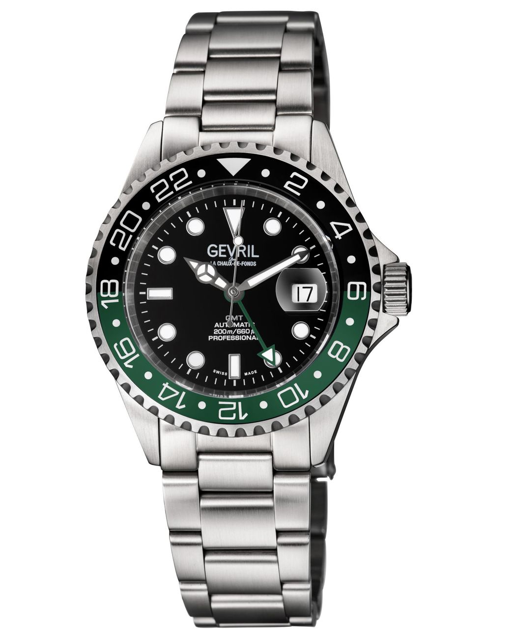 Gevril Gray Wall Street Gmt Swiss Automatic Sellita Sw330 Ceramic Bezel, Stainless Steel Bracelet for men