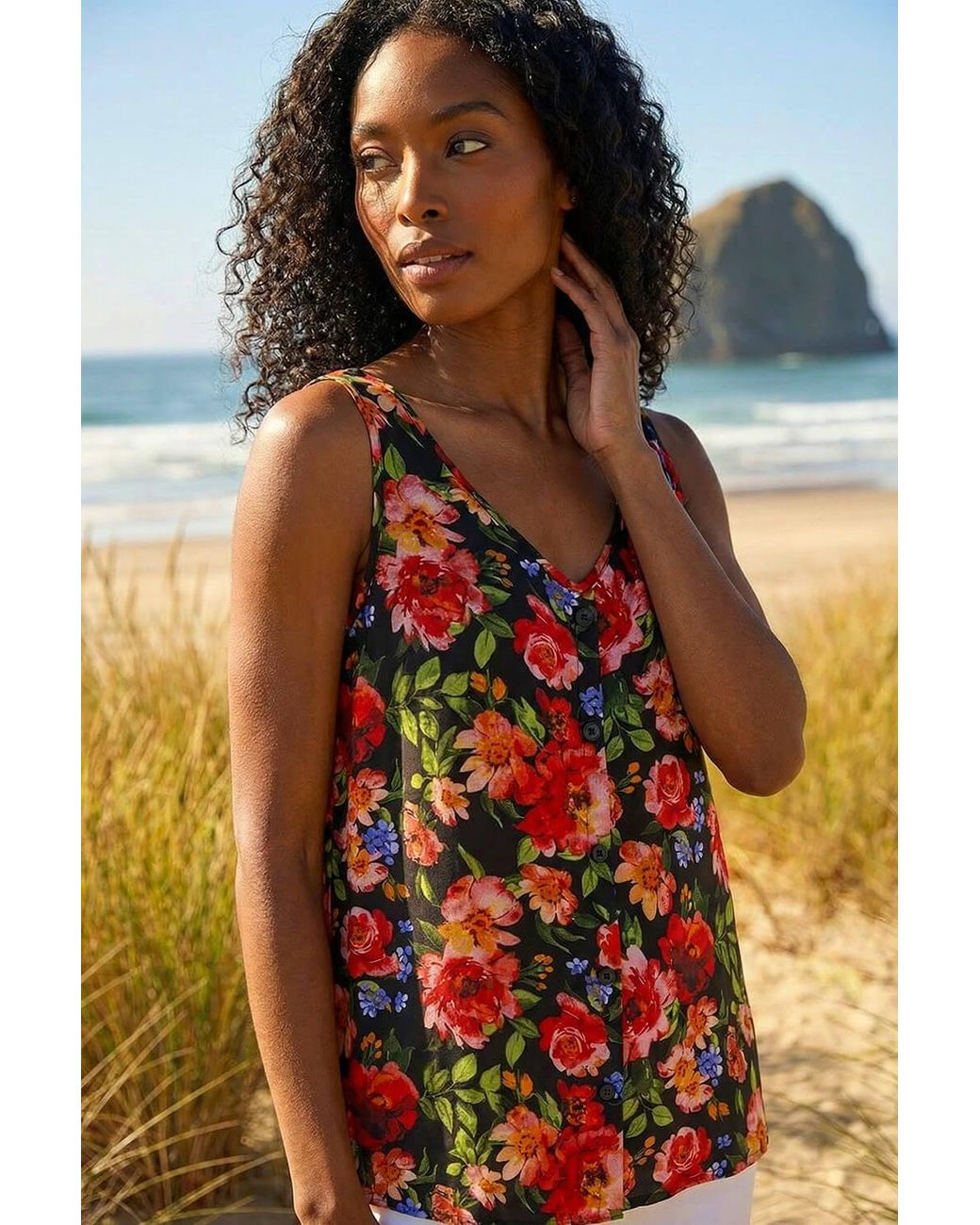 Roman Red Floral Buttoned Vest Top