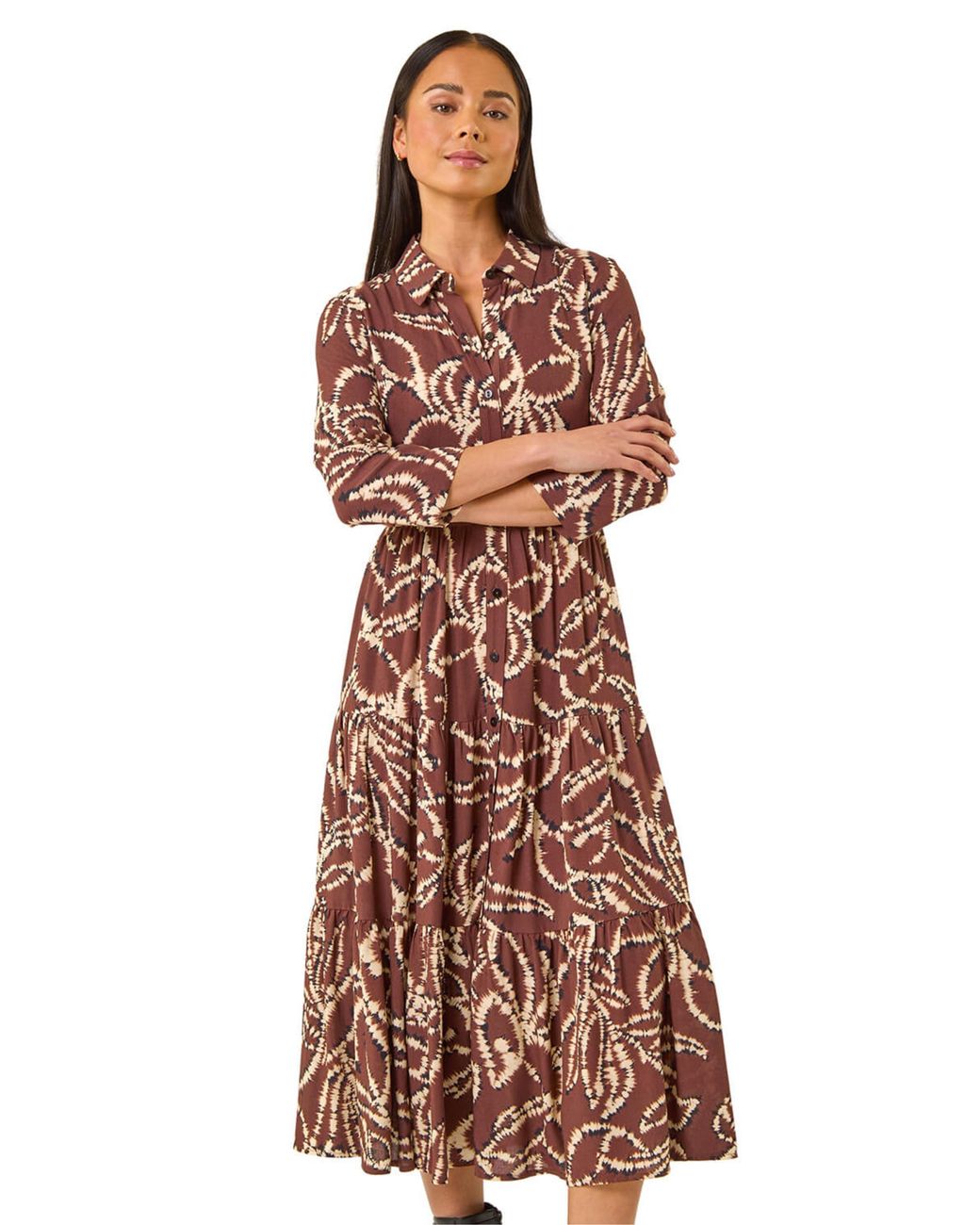 Roman Brown Petite Tiered Midi Dress