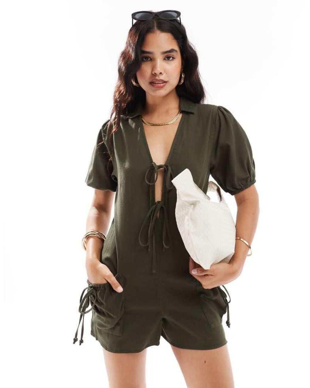 ASOS Black Dropped Drawstring Pocket Playsuit With Puff Sleeve Detail
