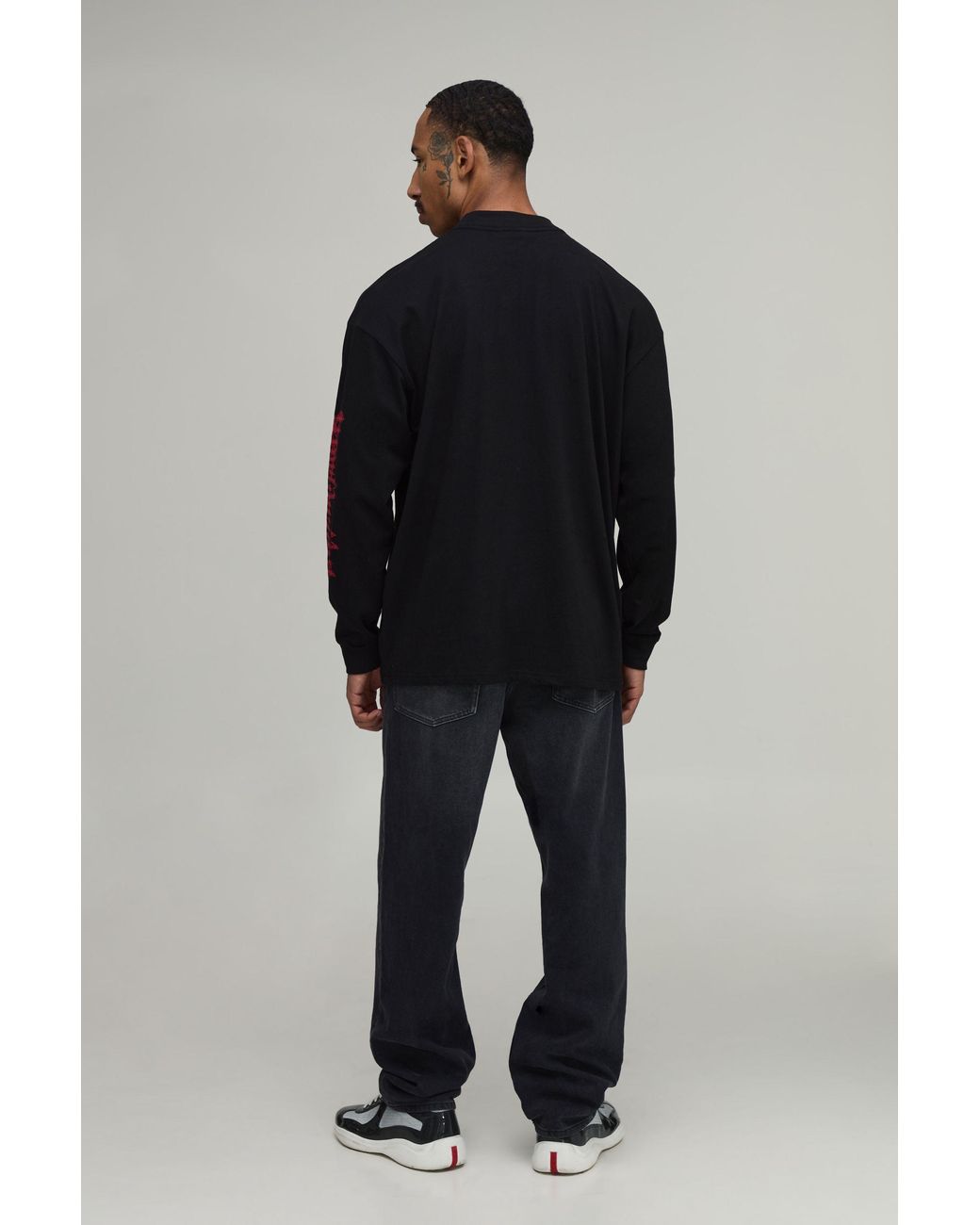 BoohooMAN Black Oversized Grunge Print Long Sleeve T-Shirt for men