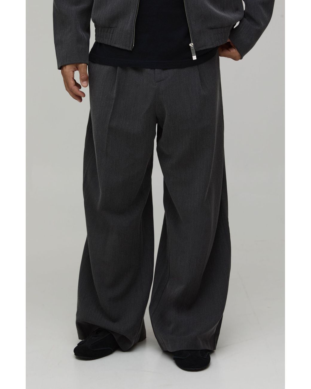 BoohooMAN Black Herringbone Wide Fit Tailored Co-Ord Trousers for men