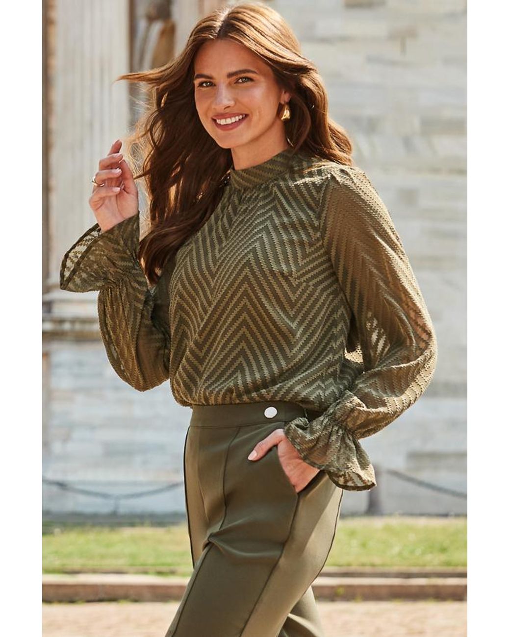 Sosandar Green Khaki Textured Chevron Blouse