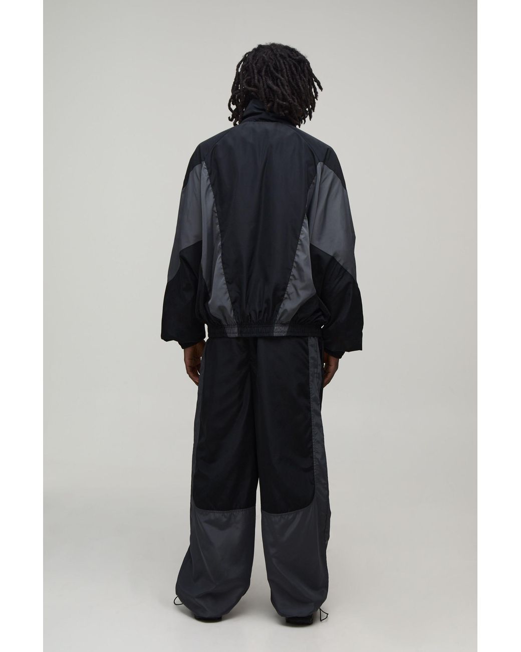 BoohooMAN Black Oversized Funnel Neck Circa 98 Crest Colour Block Track Jacket for men