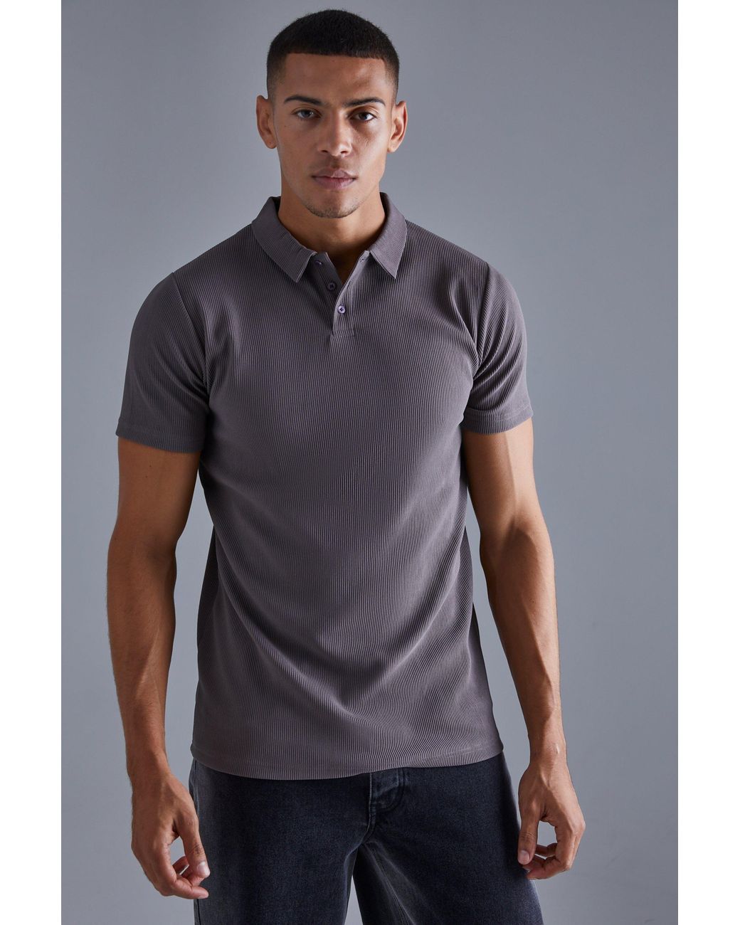 BoohooMAN Gray Slim Rib Ottoman Polo for men