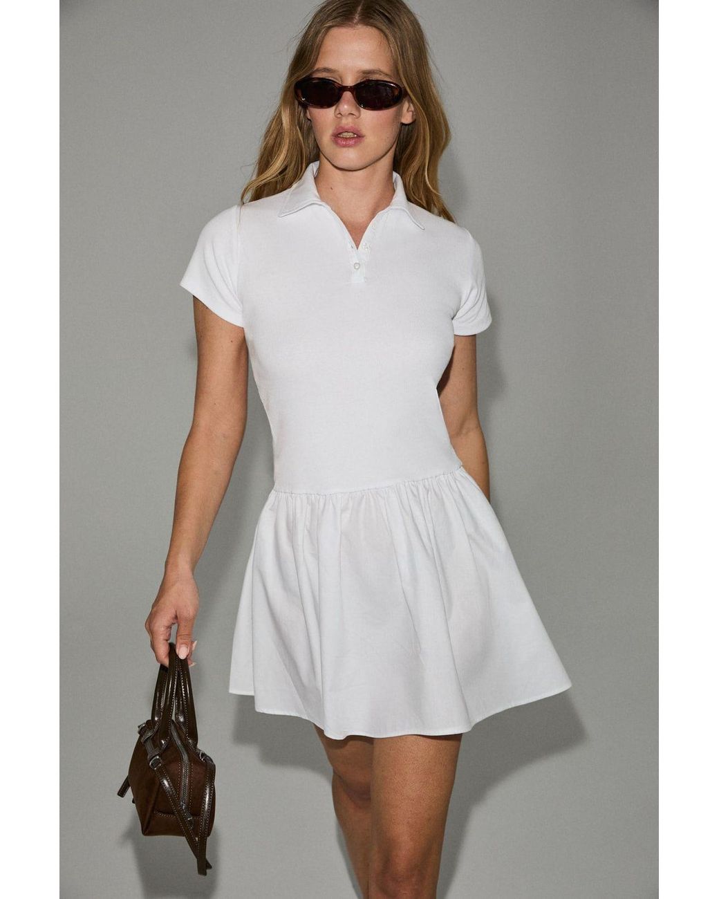 Grimelange White Polo Collar Skater Mini Dress