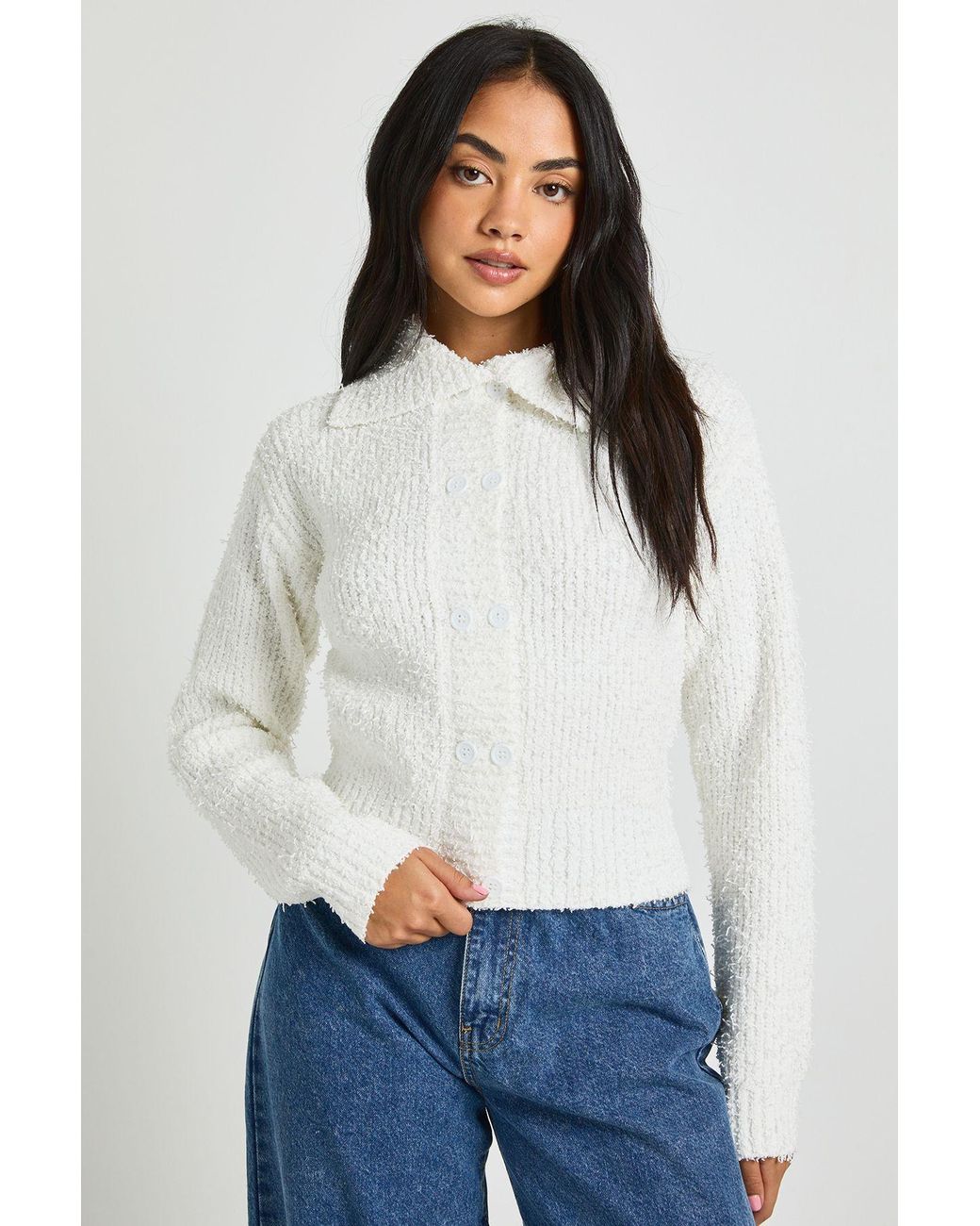 Boohoo White Textured Knit Collared Button Down Cardigan