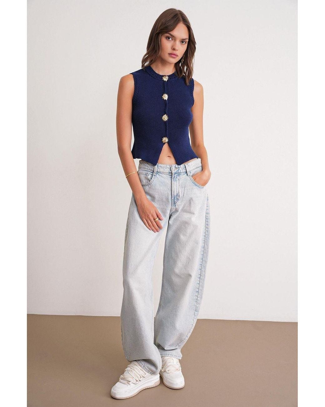 MixRay Blue Textured Knit Crop Top With Button Details