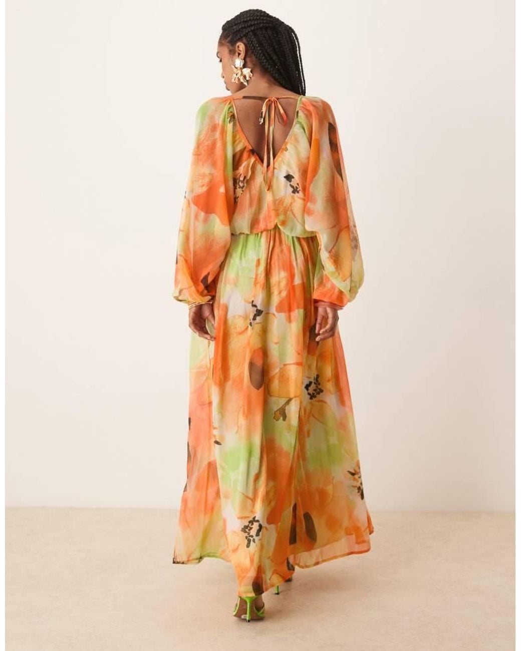 ASOS Orange Long Sleeve Puff Blouson Maxi Dress