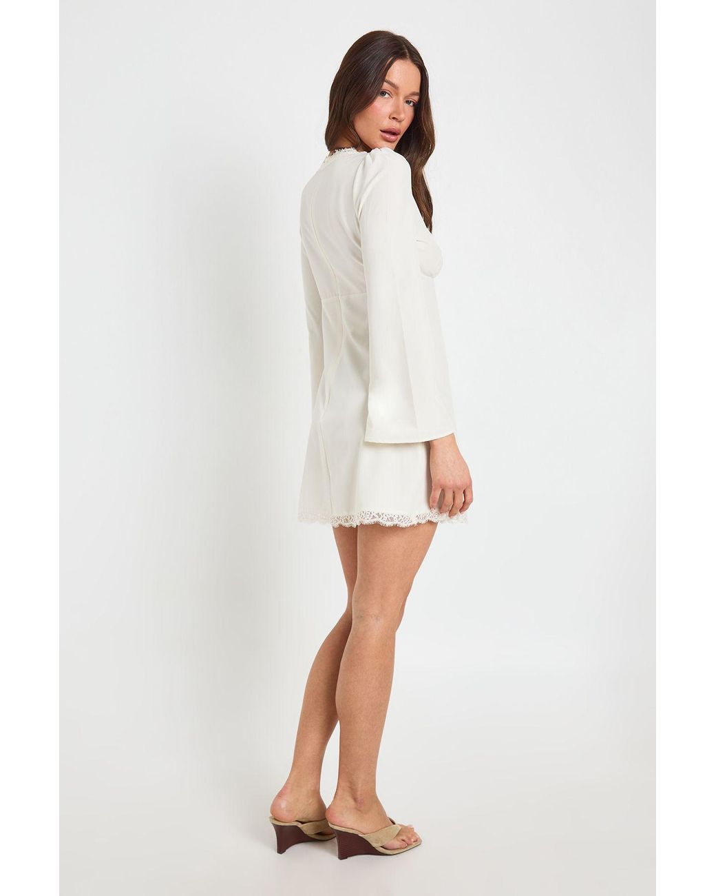 Boohoo White Tall Flared Sleeve Lace Trim Mini Dress