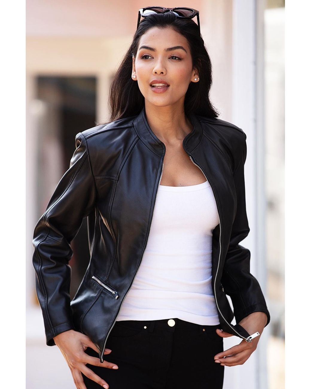 Ashwood Leather Black 'Chiara' Mandarin Collar Real Biker Jacket