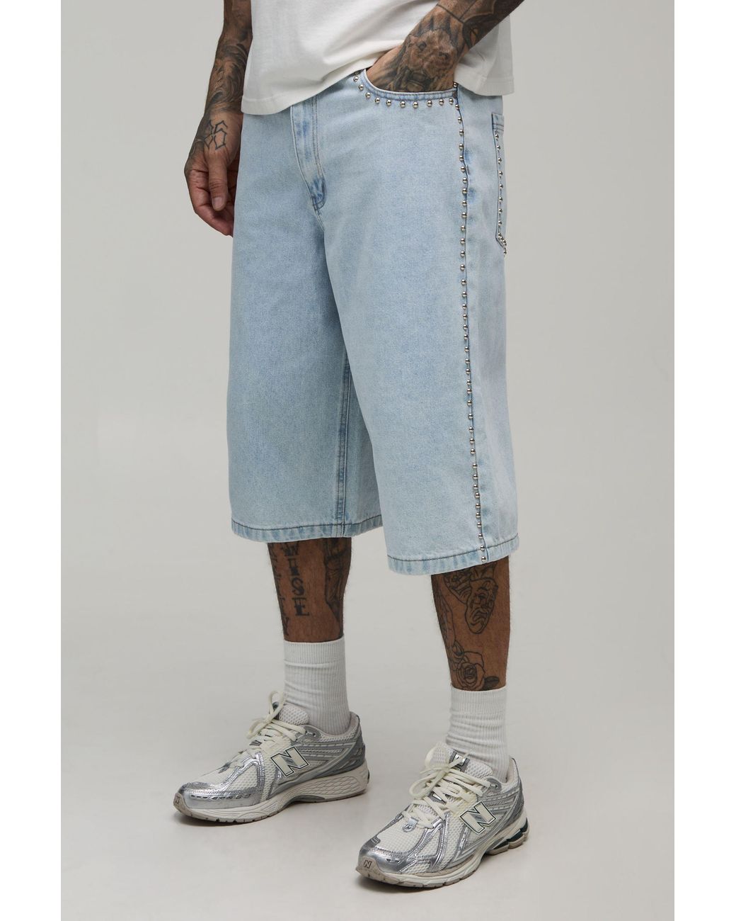 BoohooMAN Blue Tall Studded Longline Jorts for men