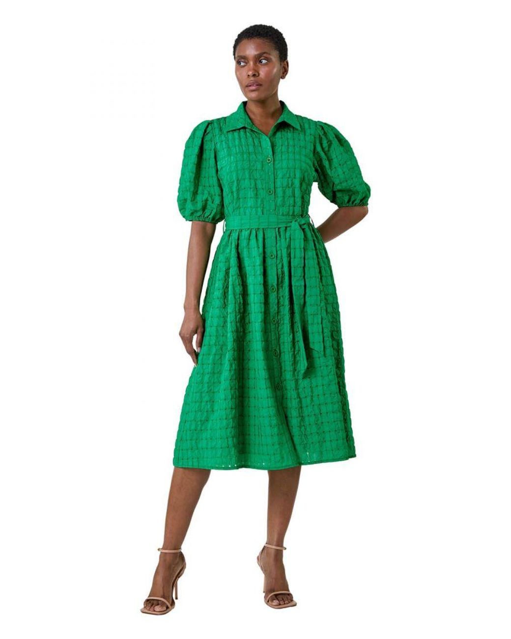 Roman Green Textured Puff Sleeve Midi Shirt Dress