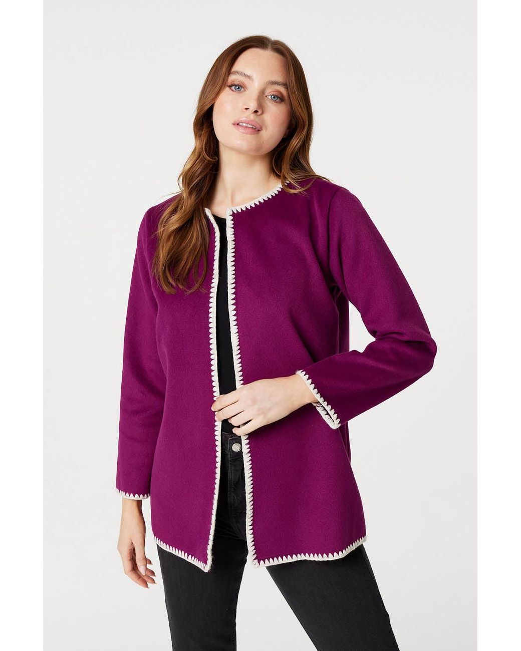 Izabel London Blanket Stitch Open Front Coat Bouclé in Purple