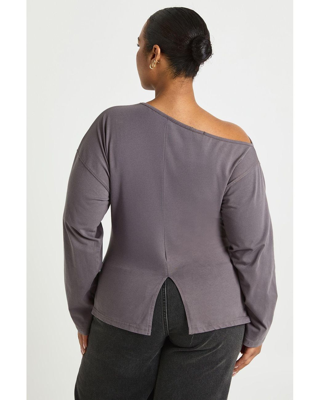 Boohoo Gray Plus Off The Shoulder Ruched Split Hem Top