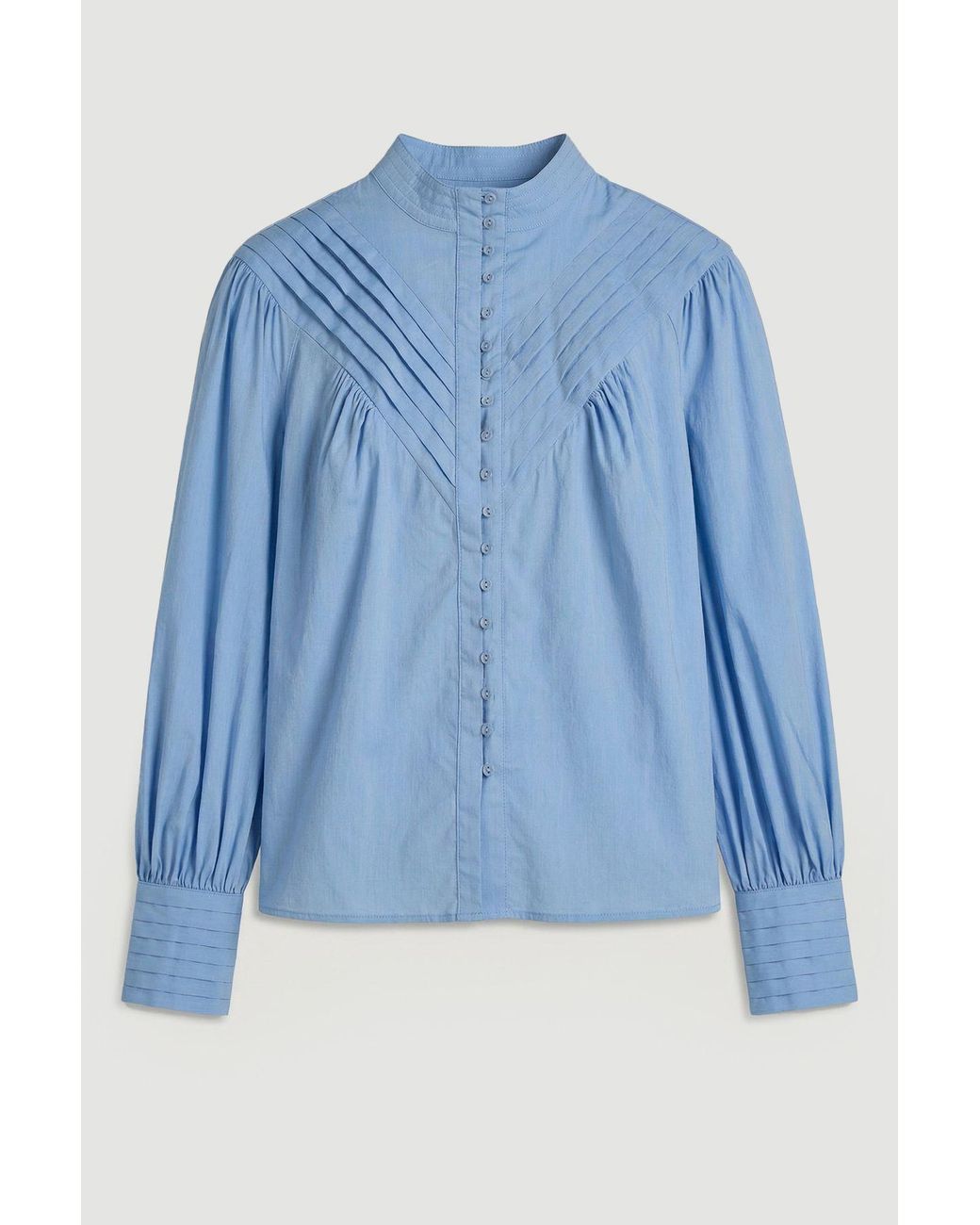 Karen Millen Blue Plus Size Cotton Pleated High Neck Balloon Sleeve Woven Blouse