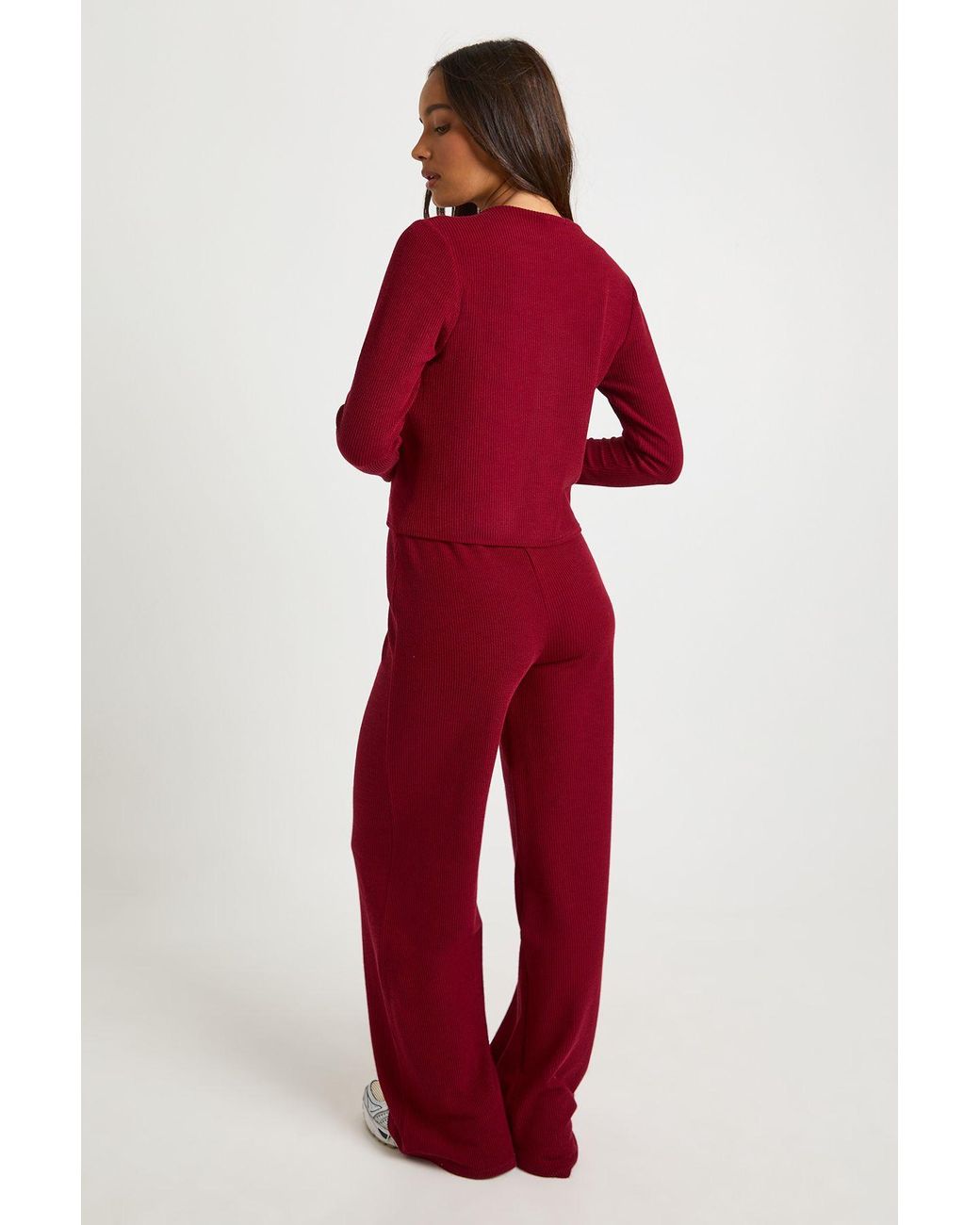 Boohoo Red Rib Button Through Long Sleeve Top And Wide Leg Trouser Co-Ord