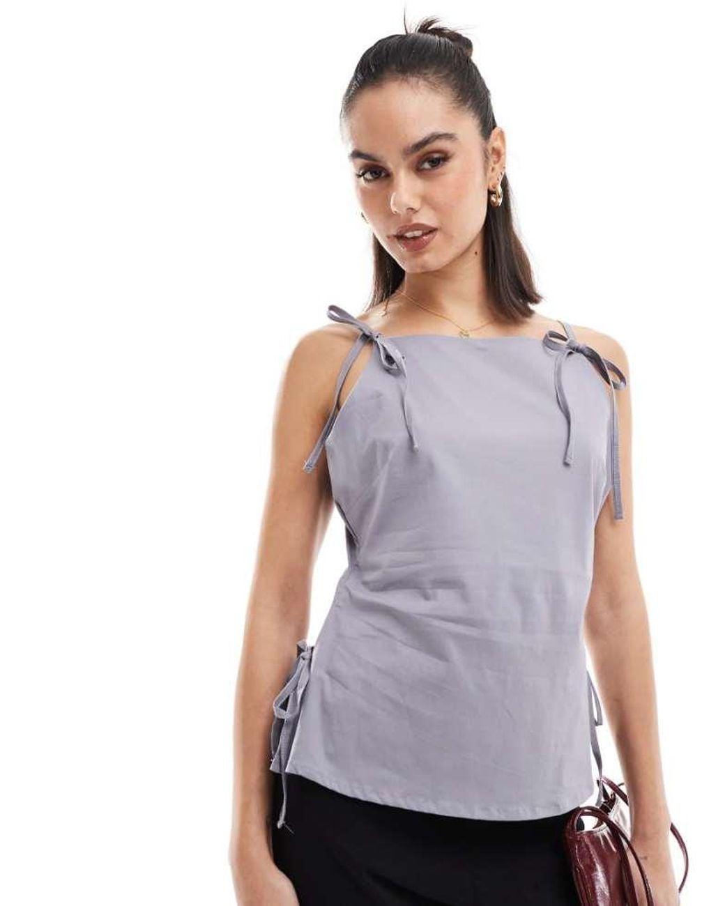 ASOS Gray Tailored Bow Detail Slash Neck Top
