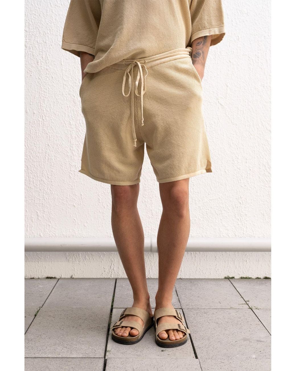 Giesto Natural Textured Knitwear Mid Waist Sweat Shorts for men