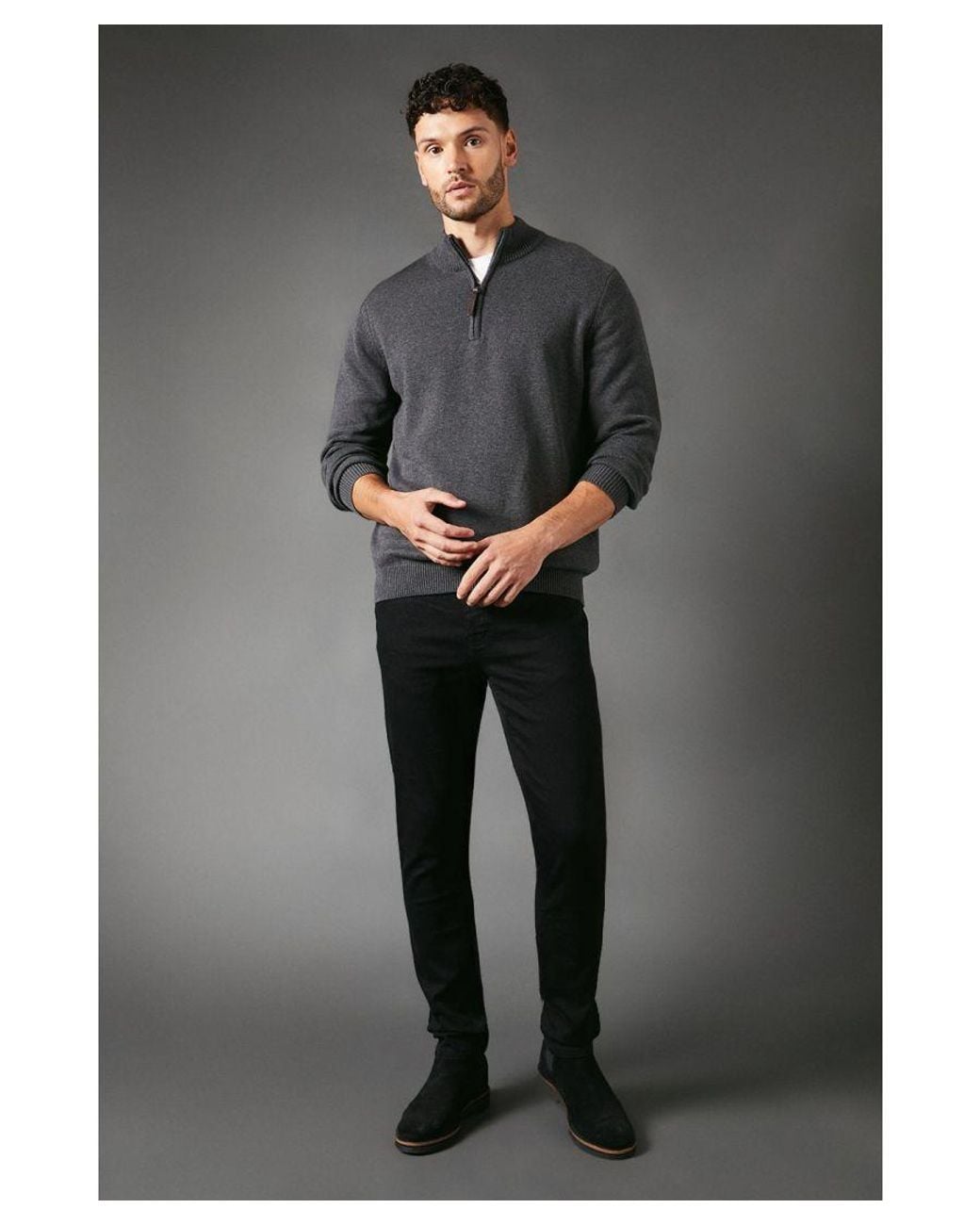 MAINE Gray Premium Pure Cotton Half Zip Funnel Jumper for men