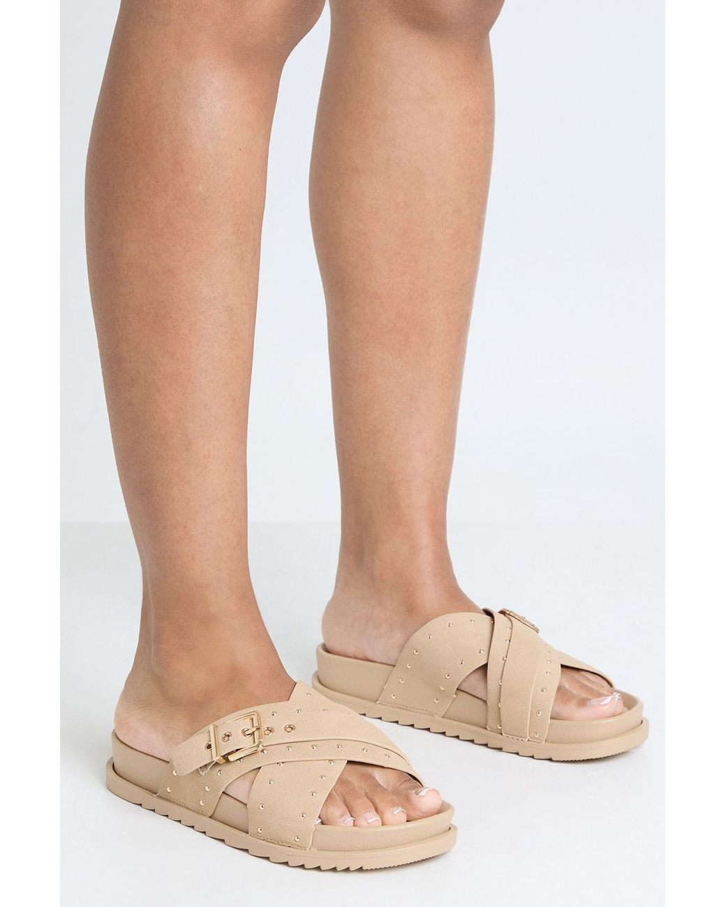Boohoo Natural Faux Suede Stud Detail Cross Over Footbed Sliders
