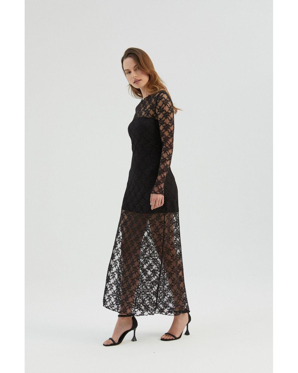 Hiccup Black Lace High Neck Mesh Maxi Dress With A Side Slit
