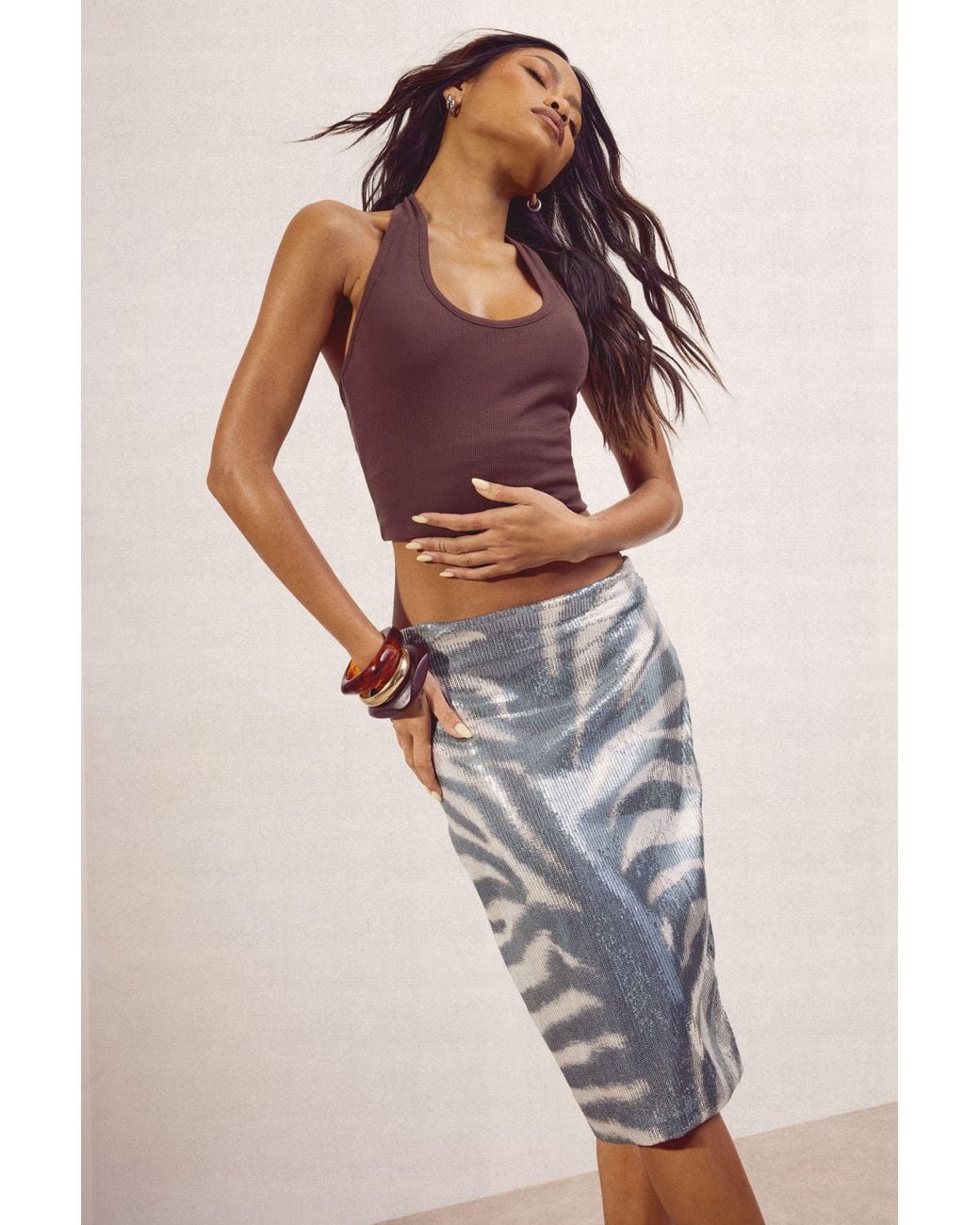 Boohoo Metallic Zebra Print Sequin Midi Skirt