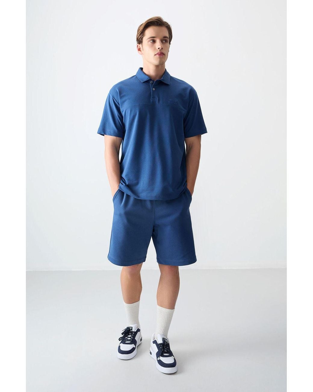 TOMMY LIFE Blue Oversized Polo Collar T-Shirt for men