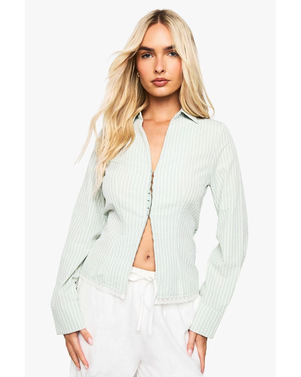 Boohoo White Stripe Cinched Waist Lace Trim Shirt