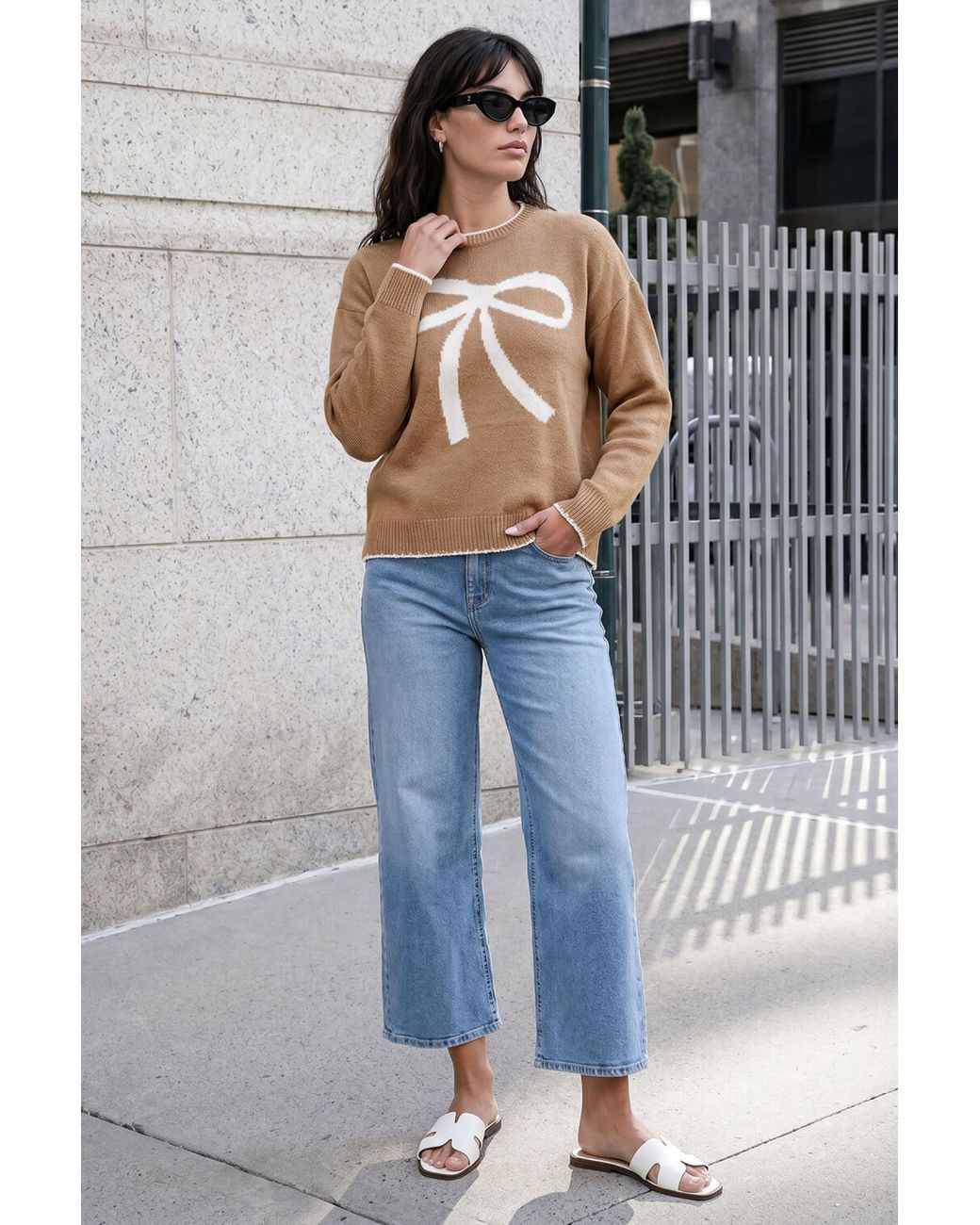 Roman Blue Contrast Stitch Bow Knit Jumper