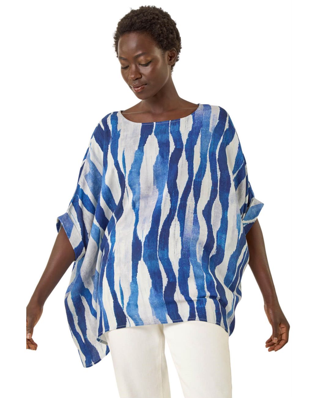 Roman Blue Abstract Print Buttoned Tunic Top