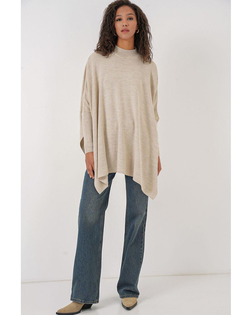 Bigdart Natural Slit Detailed Half Turtleneck Loose Sweater