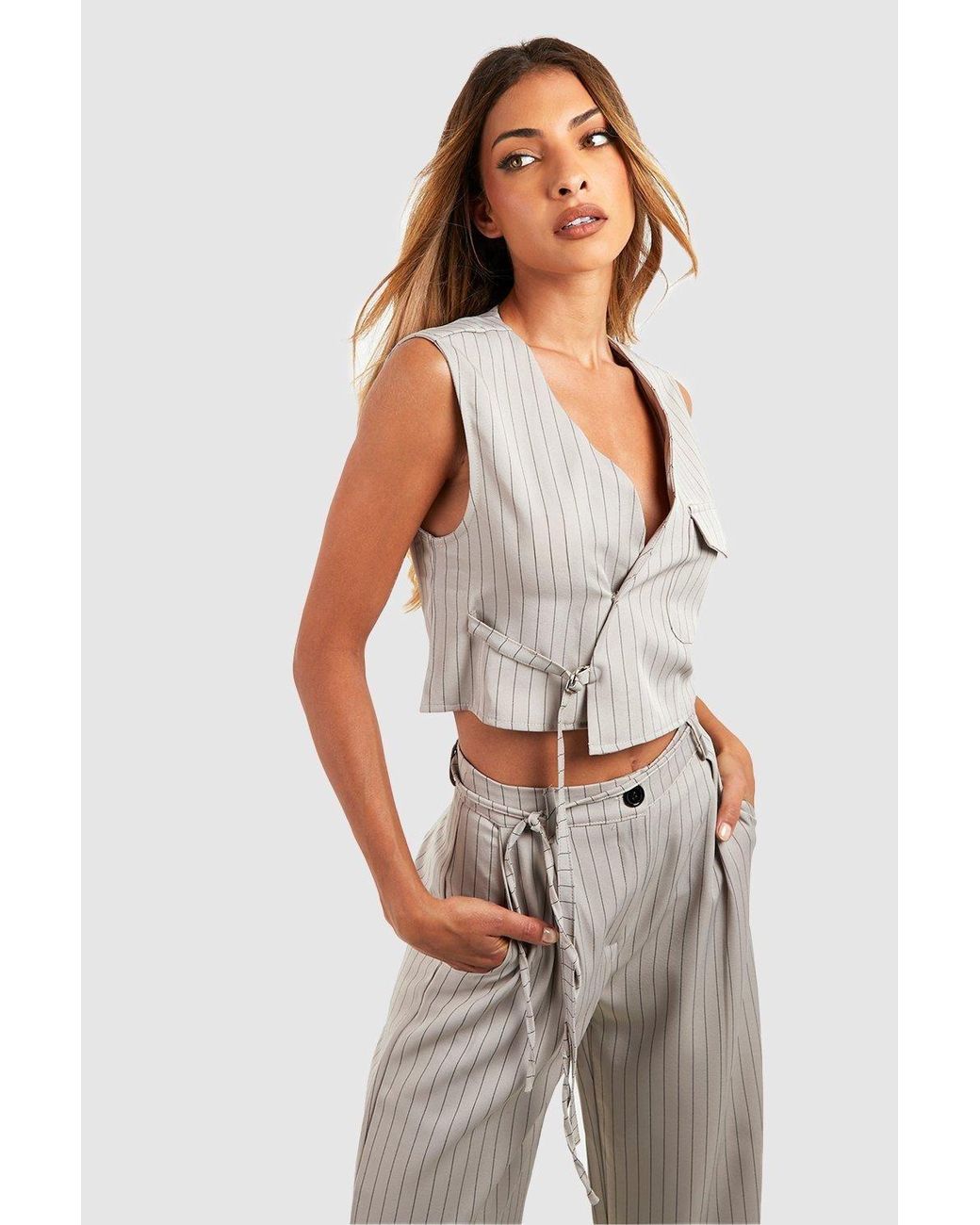 Boohoo White Pinstripe Wrap Waistcoat