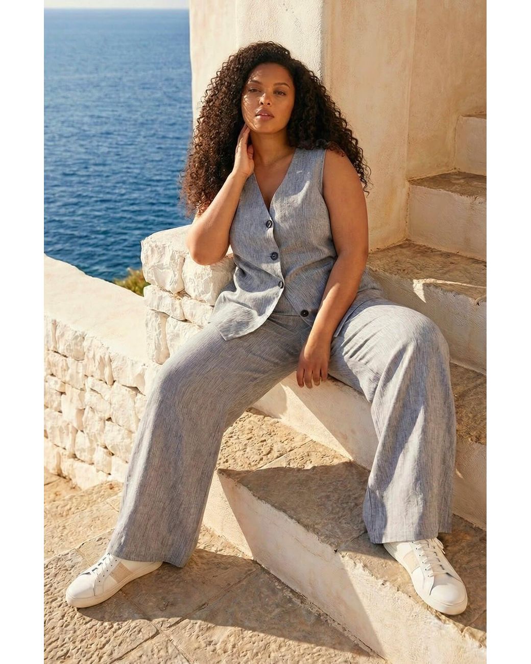 Roman Blue Curve Textured Wide Leg Trousers