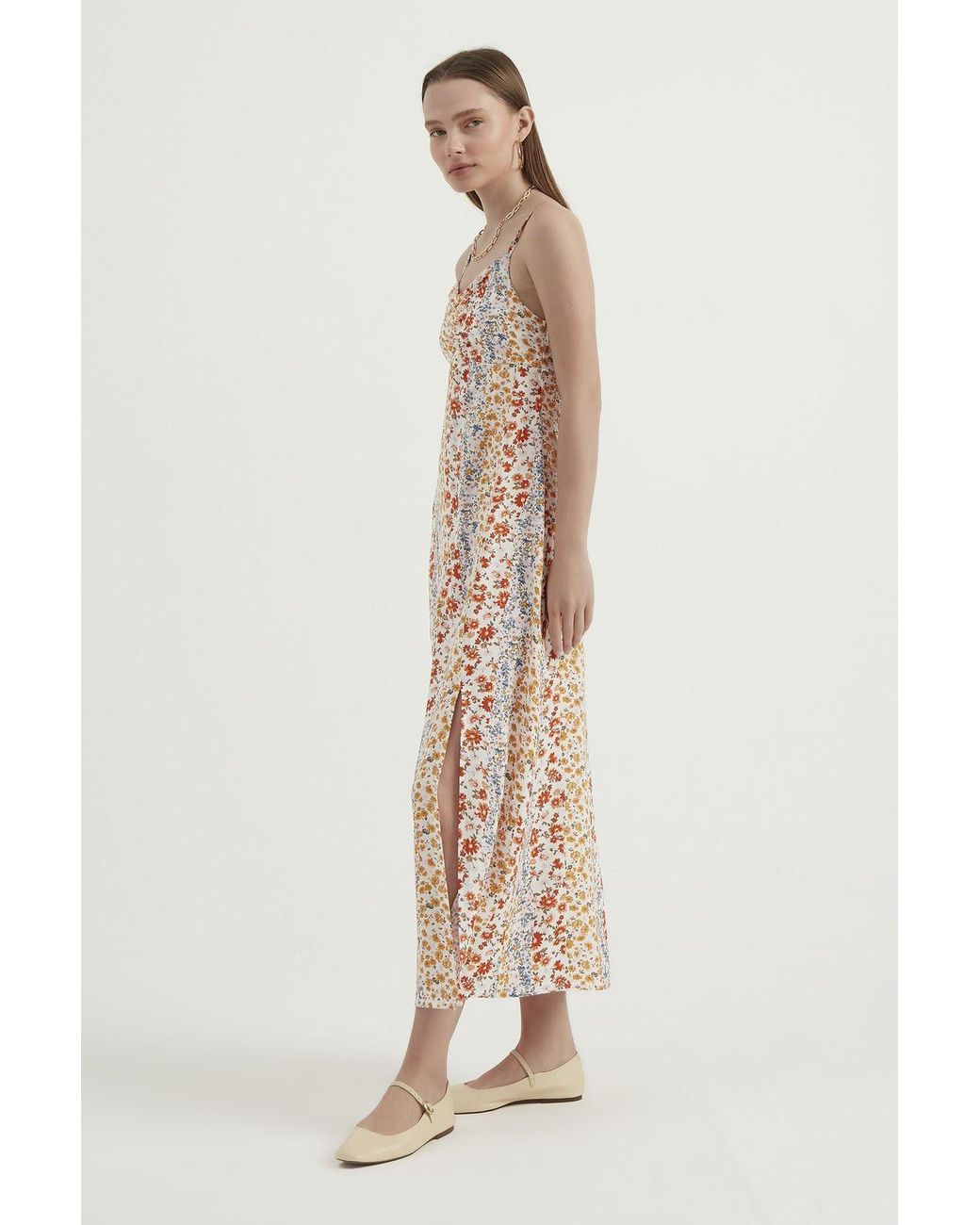 Hiccup Natural Floral Spaghetti Strap Ruched Maxi Dress