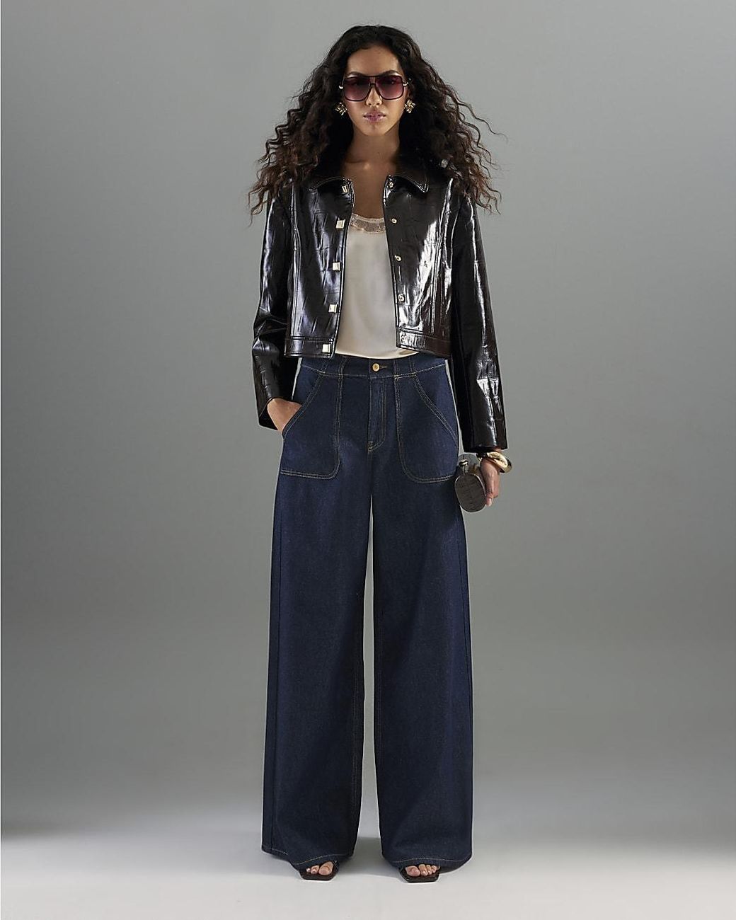 River Island Gray Wide Leg Jeans Mid Rise Tailored Baggy