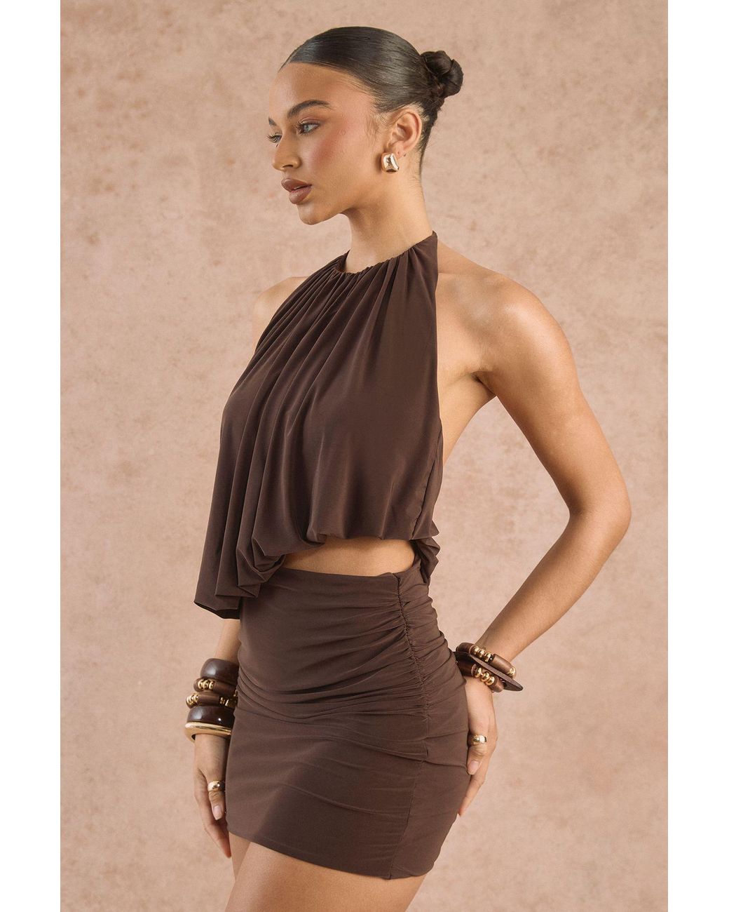 Boohoo Brown Halterneck Ruched Draped Mini Dress