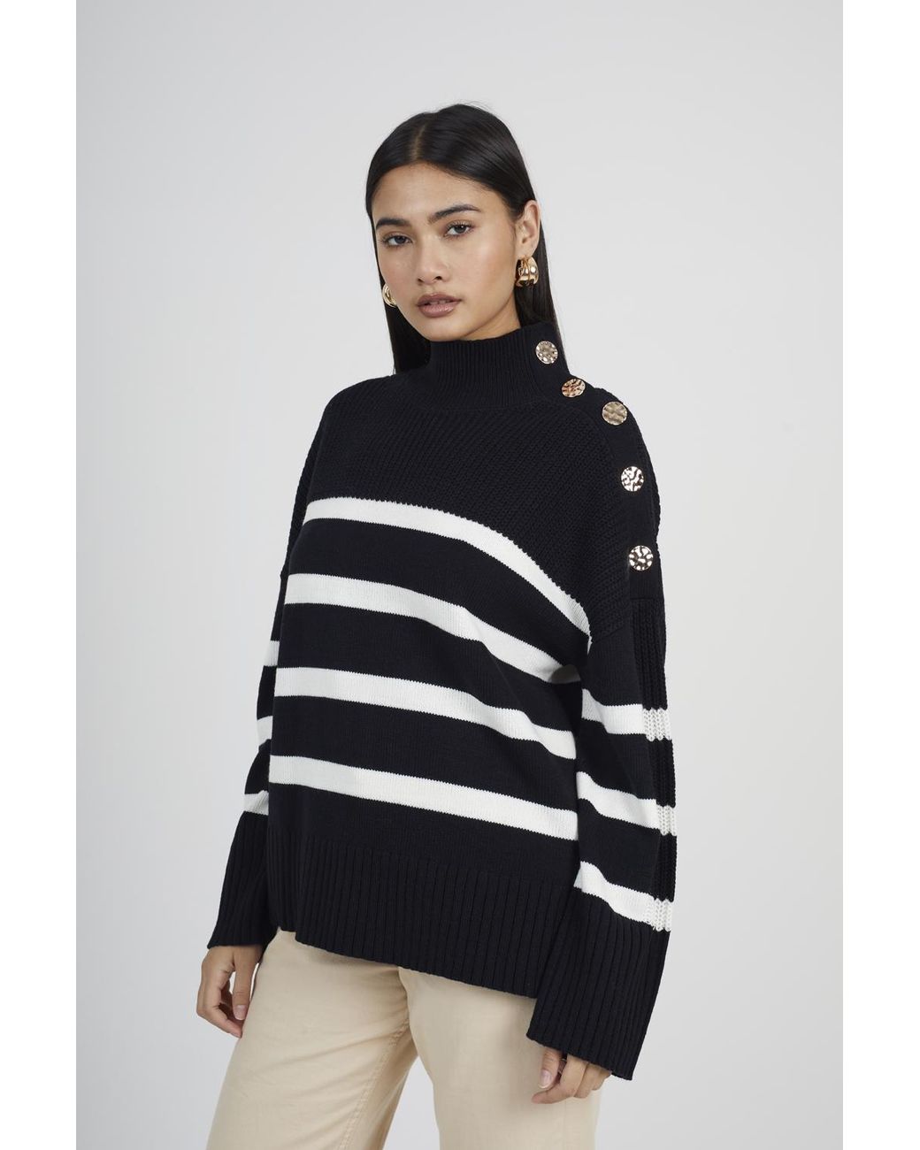 Brave Soul White Striped Turtleneck Jumper With Button Detail