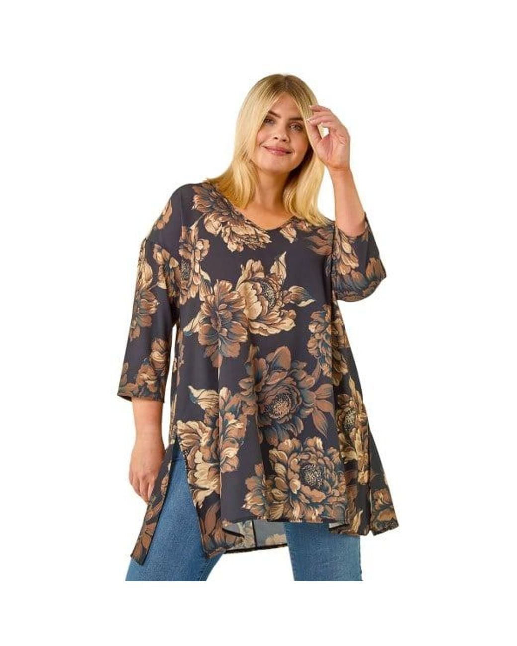 Roman Brown Curve Floral Print Tunic Top