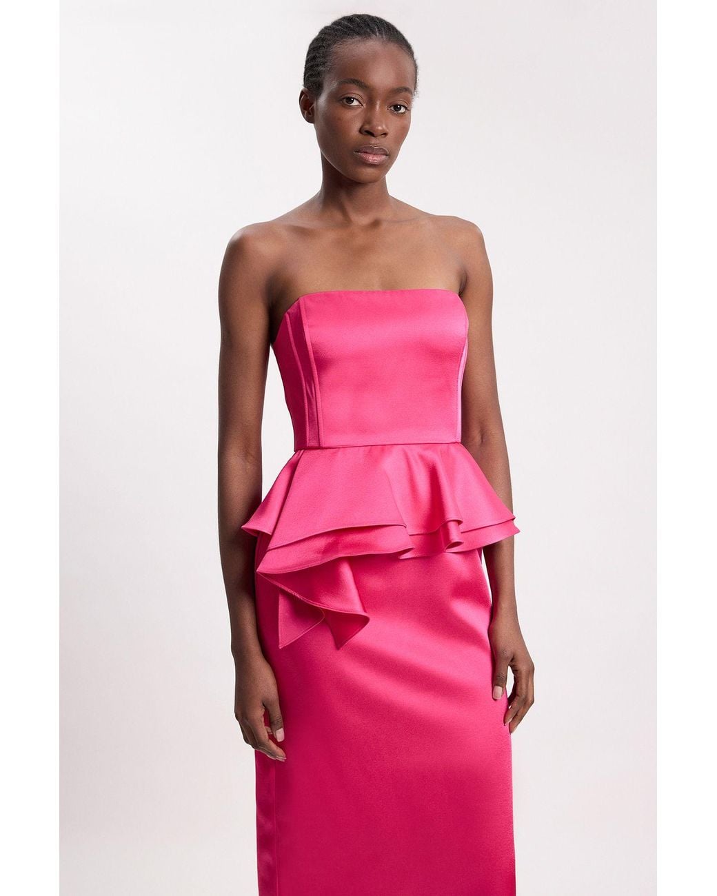Karen Millen Pink Petite Bonded Satin Peplum Pencil Woven Midi Dress
