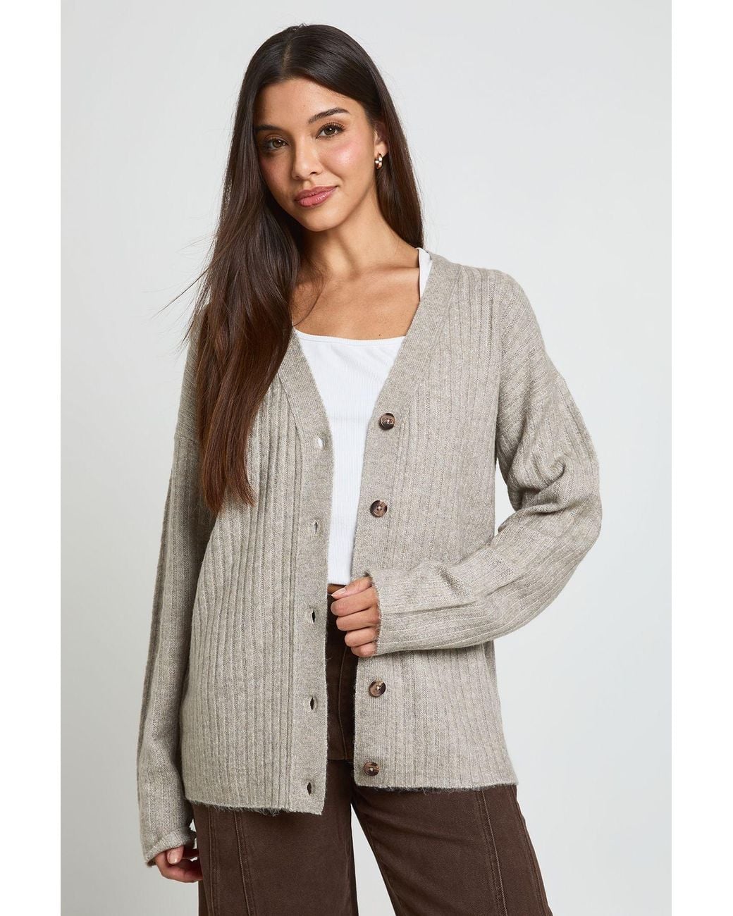 Boohoo Natural Rib Knit Boyfriend Cardigan